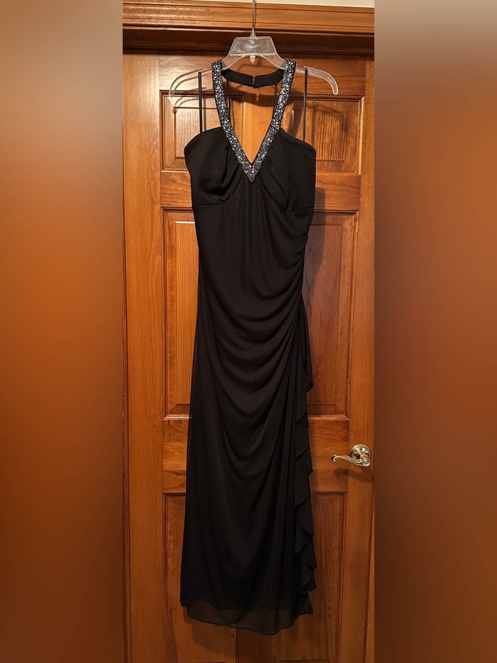 Betsy & Adam Black Halter Evening Gown with Beaded V-Neck